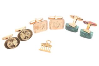 Three pairs of cufflinks and a charm; including a pair of oval panel cufflinks in 18ct yellow