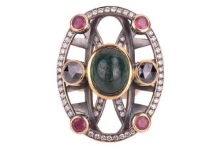 A tourmaline and diamond cocktail ring, the oval panel centred with an oval green tourmaline