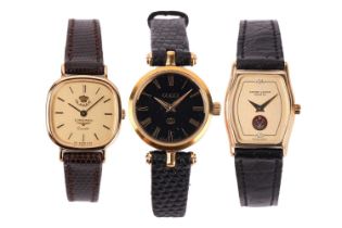 A collection of three ladies' watchings featuring a Longines, a Gucci and a Fauvre-Lueba. The