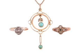 A collection of jewellery comprising a turquoise and seed pearl pendant in an abstract lavaliere