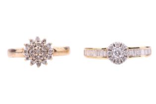 Two diamond cluster rings; the first in the design of a central cluster of round brilliant cut