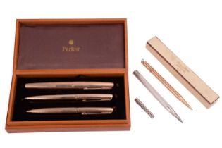 A Parker pen 61 triple set, together with another two propelling pencils; the trio contains a