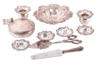 A collection of white metal items stamped 'sterling' including a set of seven Francis I dishes