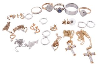 A collection of jewellery items comprising diamond set earrings, pendants and rings; includes a