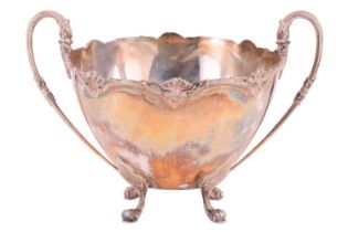 A silver bowl by Cooper Brothers & Sons, with twin handles, of ovid form with cast rim on four