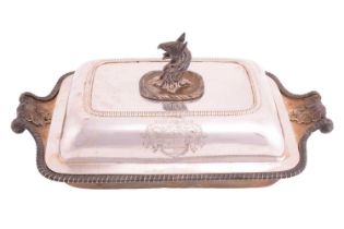 A Regency silver tureen and cover with cast Griffen bayonet handle, with gadrooned borders and