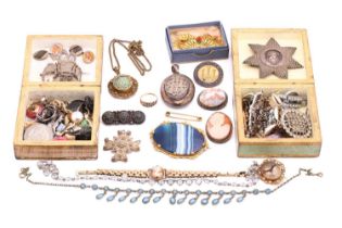 An assortment of mixed jewellery and medals; including examples of a Victorian gem-set ring in
