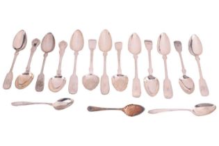 A set of six German white metal fiddle pattern serving spoons, together with three German white