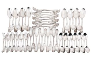 An extensive French canteen of double-struck fiddle, thread and shell flatware; comprising