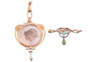 A bar brooch and locket; the Art Nouveau turquoise and seed pearl bar brooch measuring 41mm in