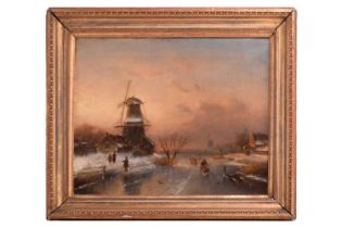 Charles Leickert (1816-1907) Belgian, Dutch winter scene with windmill, signed, oil canvas, 40.5 x