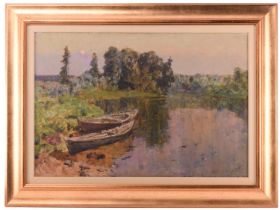 Arseny Vlasov (1914 - 1997) Russian, Two Boats on a Lake, unsigned, oil on board, 46 cm x 68 cm,