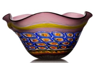 A large impressive Murano glass bowl with scalloped edge with opaque air twist cane base and bands