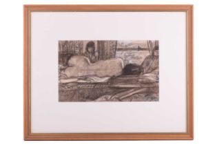 S.R. (20th century), Nude on a bed by a window, signed and dated 1979 & 80, charcoal on paper with