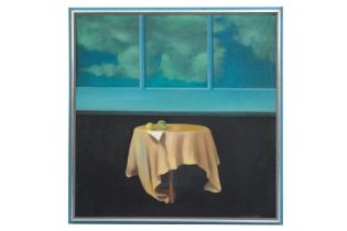 David Evans (20th century), 'No.9 The Table', large oil on canvas, 123 cm x 122 cm in a contemporary