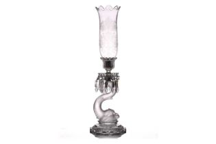 A Baccarat crystal glass candlestick, with frosted dolphin stem, cut glass drops and engraved