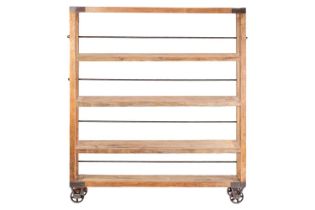 A large industrial style open bookcase, converted from a trolley, the five rectangular shelves