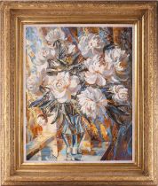 Russian School, Still life with white flowers on a window sill, indistinctly signed and dated