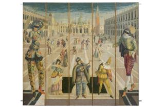 An early 20th century five fold screen, the oil painted panels depicting a Venetian carnival in St