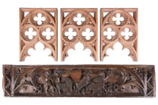 A 15th/16th century Flemish carved oak frieze panel, carved with browsing sheep and a peasant