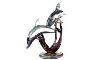 Mirco Bastianello, a Murano glass sculpture of two swimming dolphins on a U-shaped pedestal and