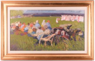 Arseny Vlasov (1914 - 1997) Russian, Figures watching a village show, unsigned, oil on board, 48