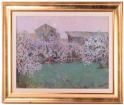 Arseny Vlasov (1914 - 1997) Russian, An orchard in lilac blossom, signed oil on board, 54 cm x 70