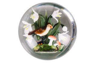 A Rick Ayotte paperweight, Swamp Sparrow with snowdrops and mushrooms, limited edition of 50, etched