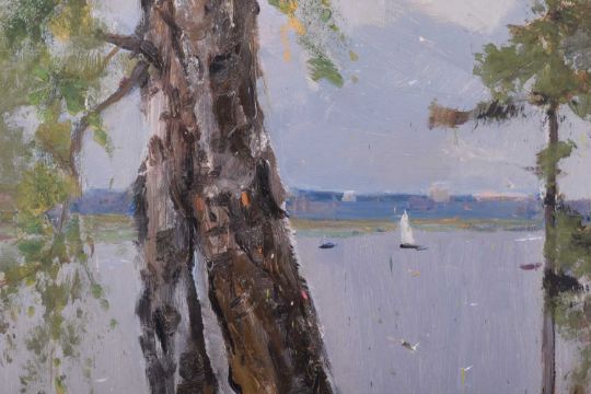 Arseny Vlasov (1914 - 1997) Russian, A lake through trees, oil on board, 48 cm x 69 cm, glazed and - Image 2 of 5