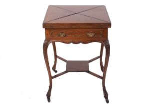 An Edwardian mahogany envelope-folding card table, on cabriole legs united by an undertier, 75 cm