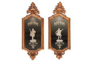 A pair of 19th century Italian giltwood and etched wall mirrors, formerly girandole, each with shell