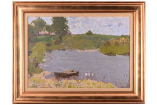 Arseny Vlasov (1914 - 1997) Russian, Boat on a Pond, unsigned, oil on board, 48 cm x 68 cm, glazed