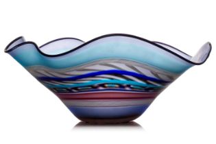 A large impressive Murano glass bowl with scalloped edge with gold and opaque air twist canes in