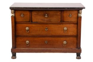 A French Empire mahogany secretaire commode, the black marble top over a central secretaire pull-out