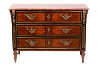 A Louis XVI style kingwood commode, 20th century, the red marble top on gilt-metal acanthus form