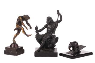 A 19th-century patinated bronze figure of Zeus, eagle at his side, unsigned on a rectangular base,
