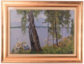 Arseny Vlasov (1914 - 1997) Russian, A lake through trees, oil on board, 48 cm x 69 cm, glazed and