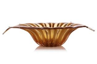 Zora Da Venezia, a Murano glass orange and gilt dish, of moulded splash form, etched mark and label,