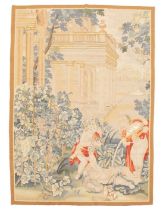 A contemporary decorative Flemish style tapestry, depicting two boisterous putti pouring wine on a