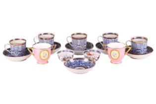 A part set of five Worcester porcelain "Lily" pattern cups and saucers, late 18th century,