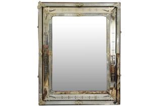 A large Venetian rectangular wall mirror, with panelled borders, some loose and missing elements,