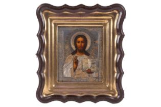 A Russian Christ Pantocrator icon, late 19th century, with pierced and engraved and gilt white metal