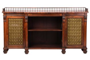 A Regency rosewood sideboard, the galleried top over a central shelved recess, flanked by two