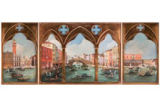 E. Melis (twentieth century), A triptych of gondolas in Venice in arched panels, two panels