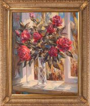 Russian School, Still life with roses on a window sill, indistinctly signed and dated 1994, oil on