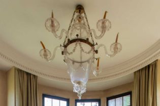 A large Italian six-sconce hanging chandelier with a large central inverted bell section and