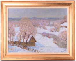 Arseny Vlasov (1914 - 1997) Russian, Winter Landscape with house, signed A Vlasov, oil on canvas, 59