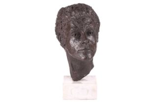 AFB? A 20th-century life-size bronzed bust study of a young gentleman with curly hair, bearing an