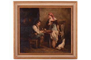 19th century Continental school, figures in an interior scene, oil on panel, 26.5 cm x 29 cm, in a