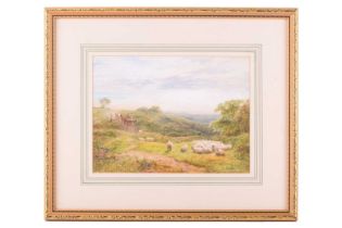 George Shalders (1826 - 1873), sheep resting by a lane with a cart beyond, signed, watercolour, 22 x